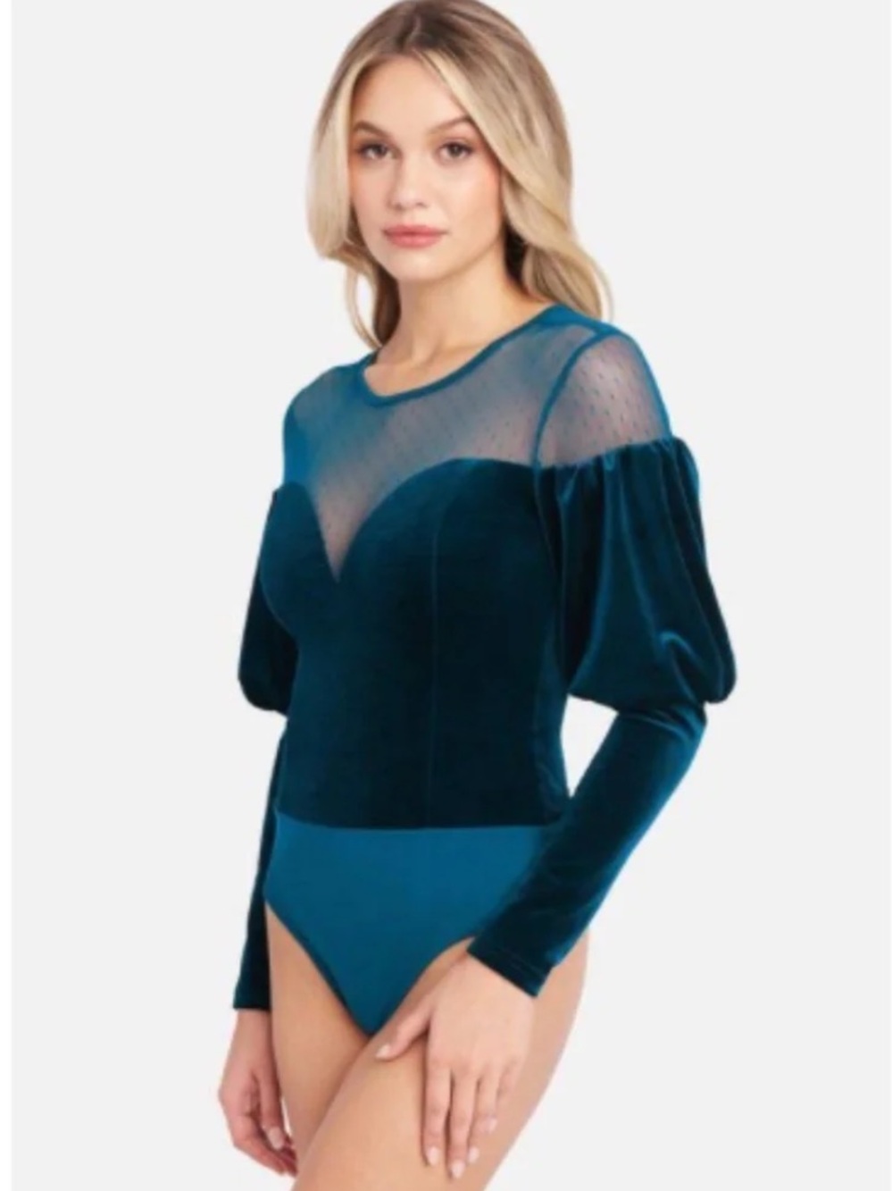 Bebe Teal Velvet puff sleeve bodysuit